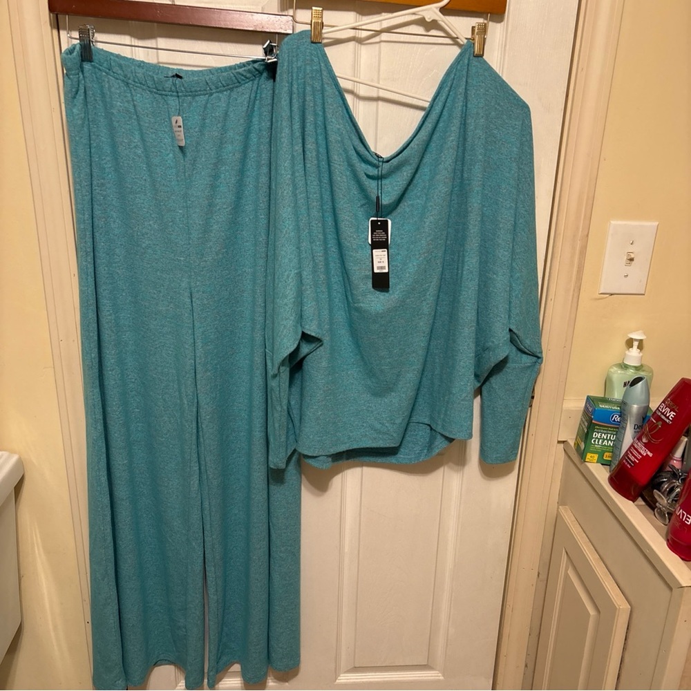 Teal Lounge Set with Wide-Leg Pants and Draped Top